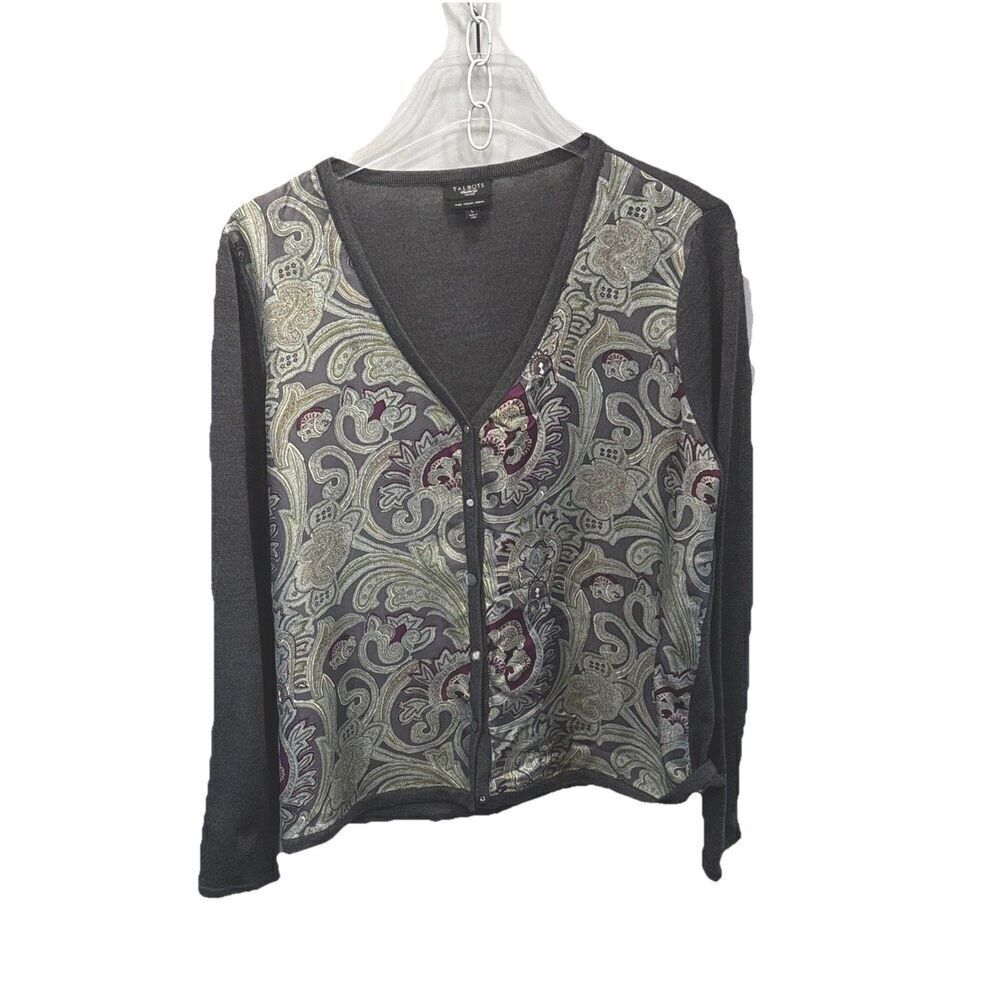 Talbots Petites Italian Merino Wool Silk Cardigan Women’s Large Paisley Gray
